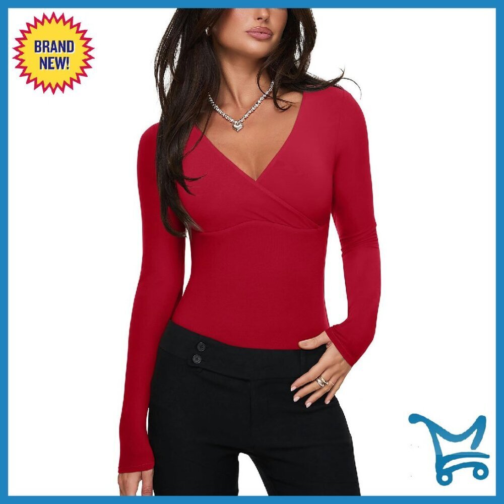 Sexy Deep V Neck Long Sleeve Bodysuit Double Lined Wrap Top